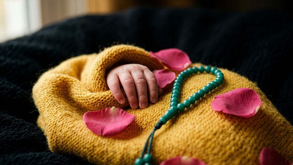 Newborn baby's hand beside tasbih beads at an Islamic Aqiqah celebration