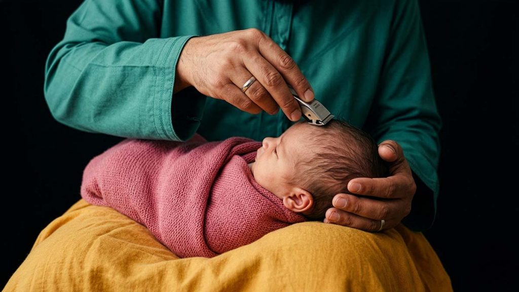 Muslim father shaving his newborn's head during the Aqiqah ceremony