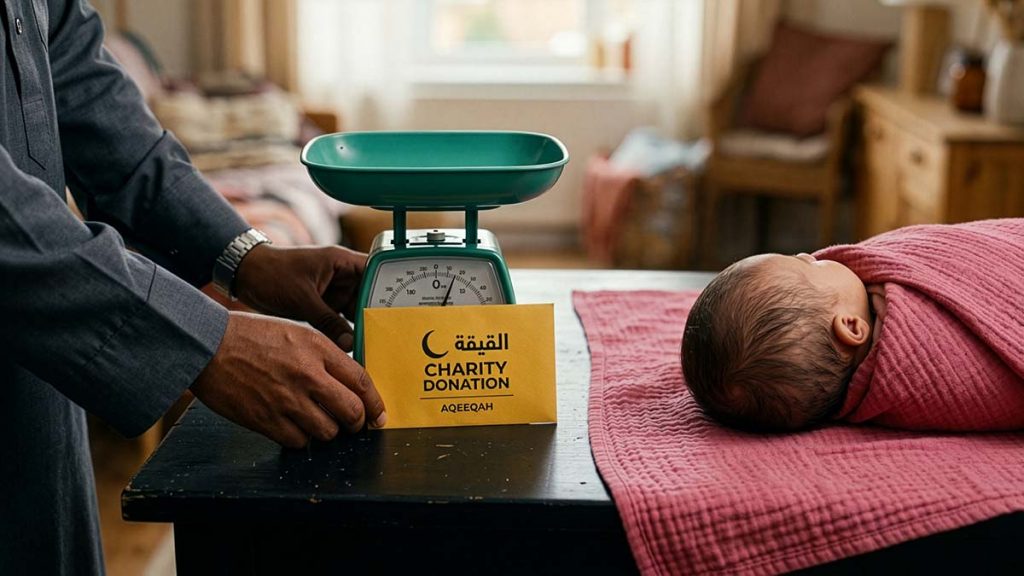 Weighing the newborn's hair for Aqiqah sadaqah charity