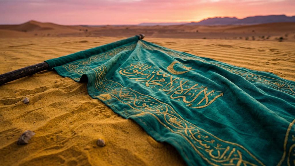 Islamic battle standard on desert sand commemorating the Battle of Badr