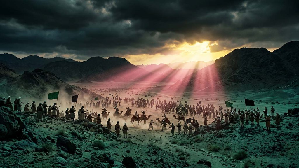 Sunrise through storm clouds symbolising divine victory at the Battle of Badr