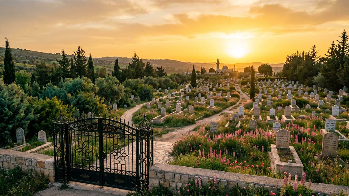 Peaceful Islamic cemetery at golden hour with simple stone grave markers