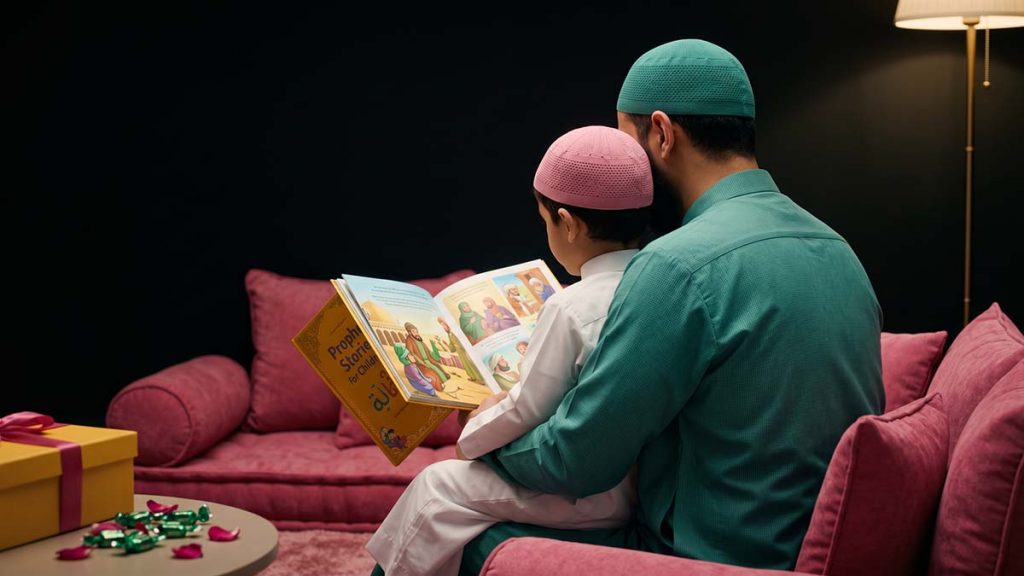 Muslim father reading an Islamic book to his son before the Circumcision in Islam