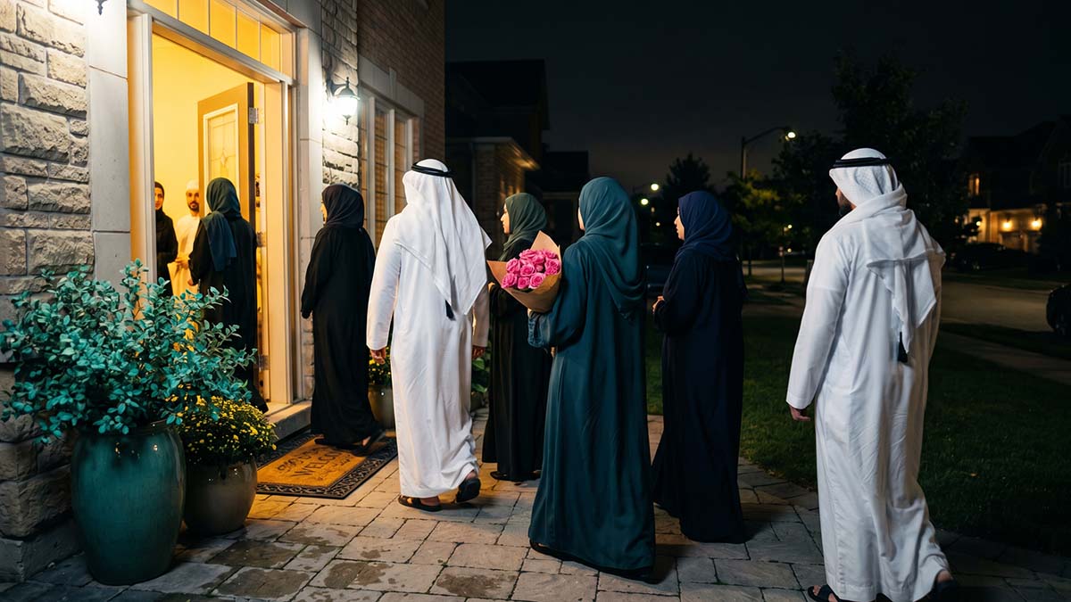 Muslim visitors in Islamic dress arriving to offer Condolences in Islam to the bereaved