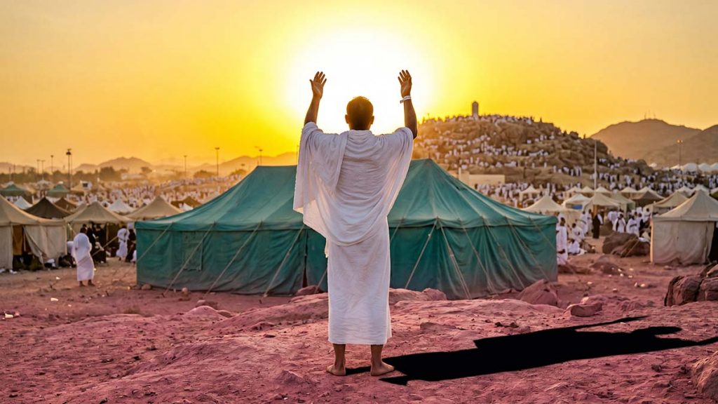 Muslim pilgrim in ihram standing in intense dua on the Day of Arafah