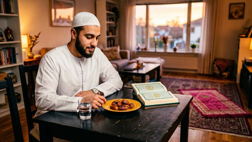 Muslim man at home fasting on the Day of Arafah with dates and Quran