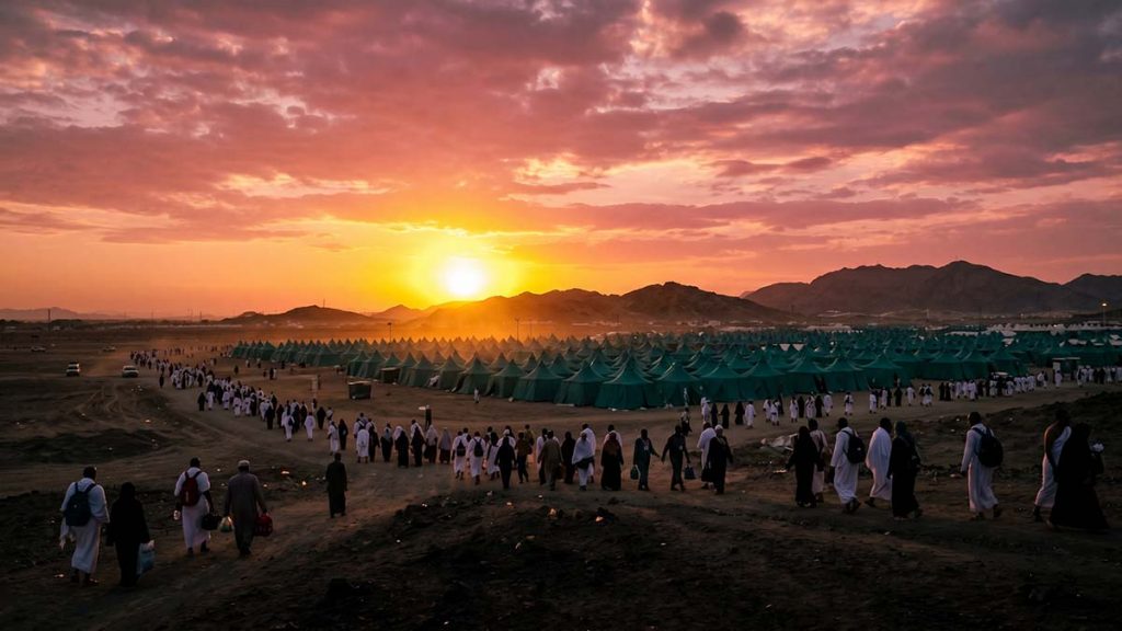 Sunset over Arafat as Muslim pilgrims depart on the Day of Arafah