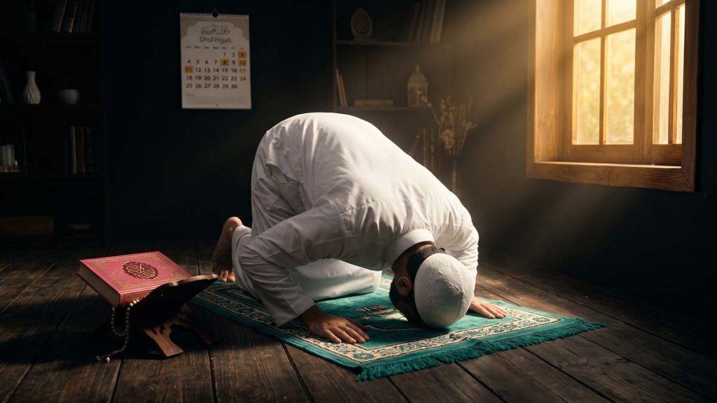 Muslim man in sujood during increased worship in the first ten days of Dhul Hijjah