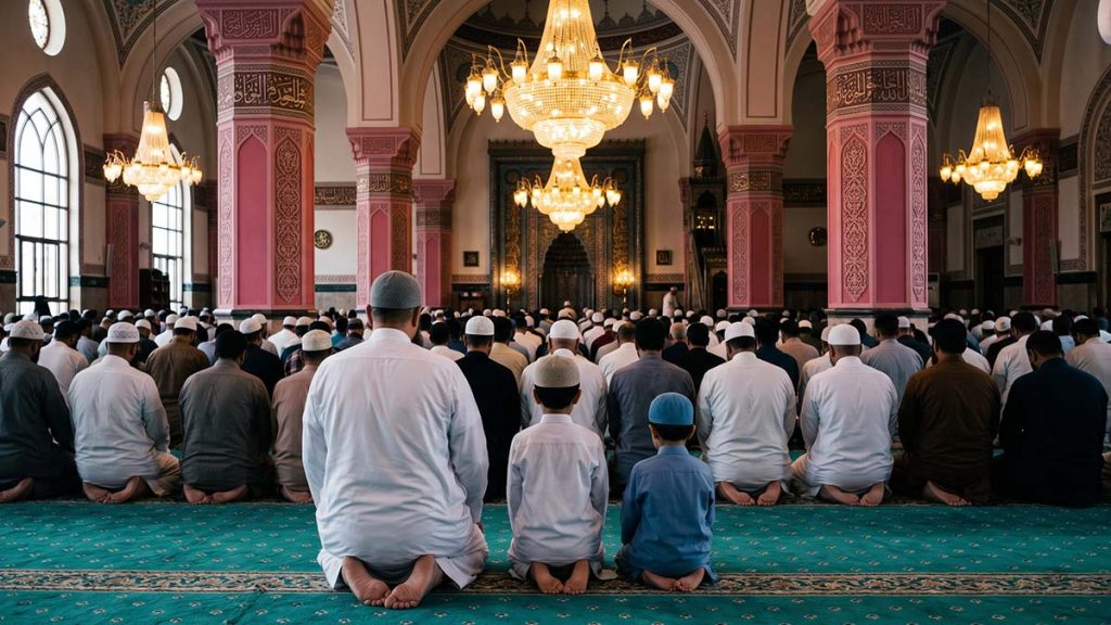 Muslim family in Islamic dress performing Eid al-Adha prayer in a mosque