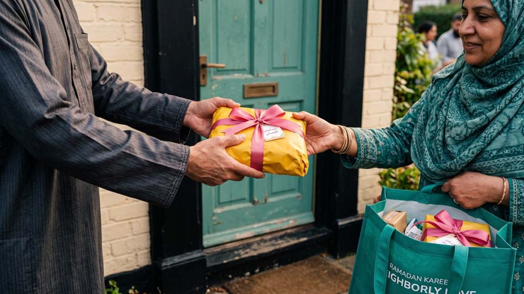 Muslim neighbour sharing Eid al-Adha meat parcels in the spirit of Ibrahim