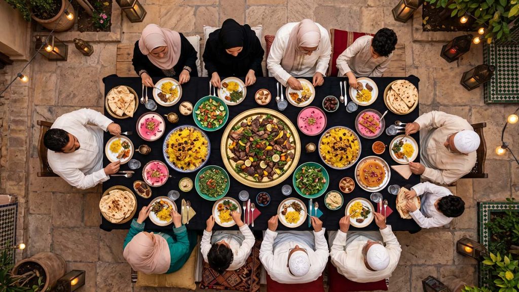Muslim family's festive Eid al-Adha feast with traditional grilled meat and rice