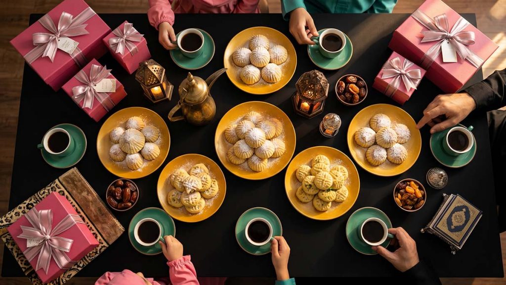 Eid al-Fitr celebration table with traditional sweets, coffee and gift boxes