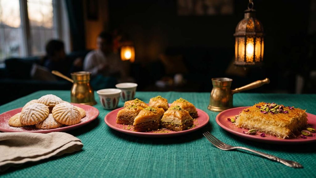 Traditional Eid al-Fitr sweets including ma'amoul, baklava and kunafa