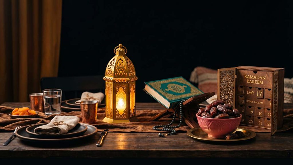 Ramadan preparation table with lantern and Quran for the First Day of Ramadan