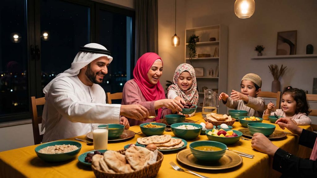 Muslim family at their first Suhoor meal on the First Day of Ramadan
