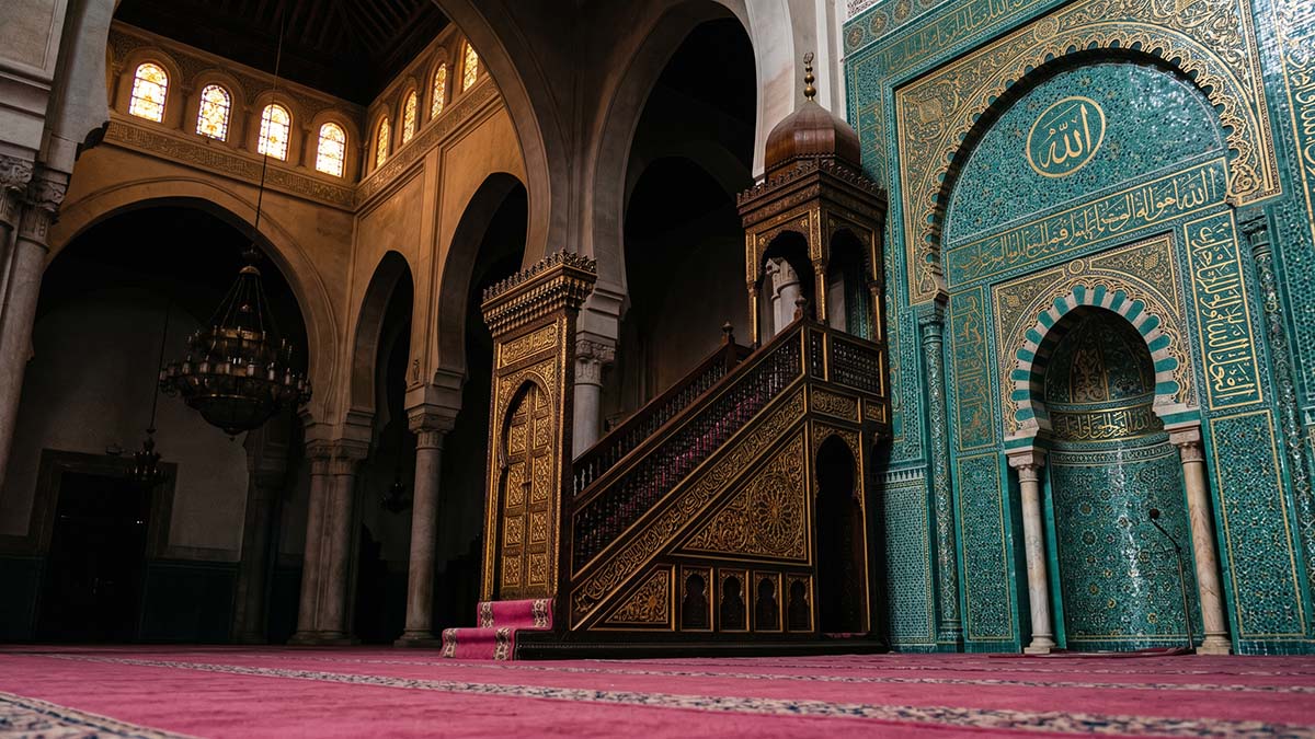 Ornate mosque minbar pulpit ready for the Friday Khutbah sermon