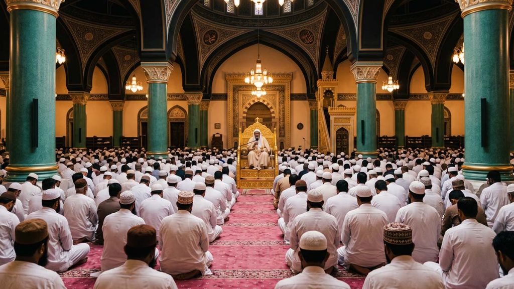 Muslim men listening attentively to the Friday Khutbah in a mosque