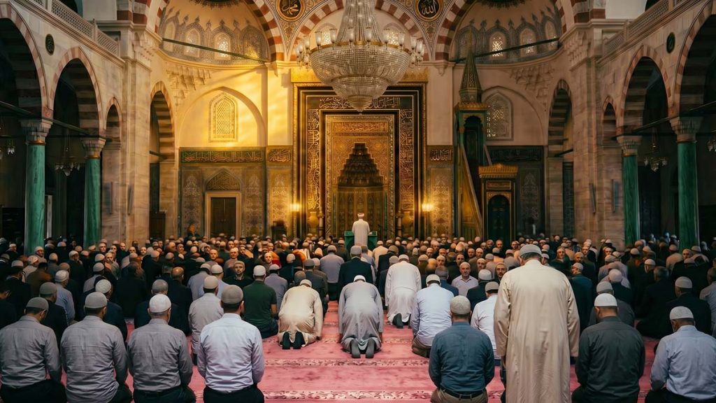 Muslim worshippers rising for congregational prayer after the Friday Khutbah