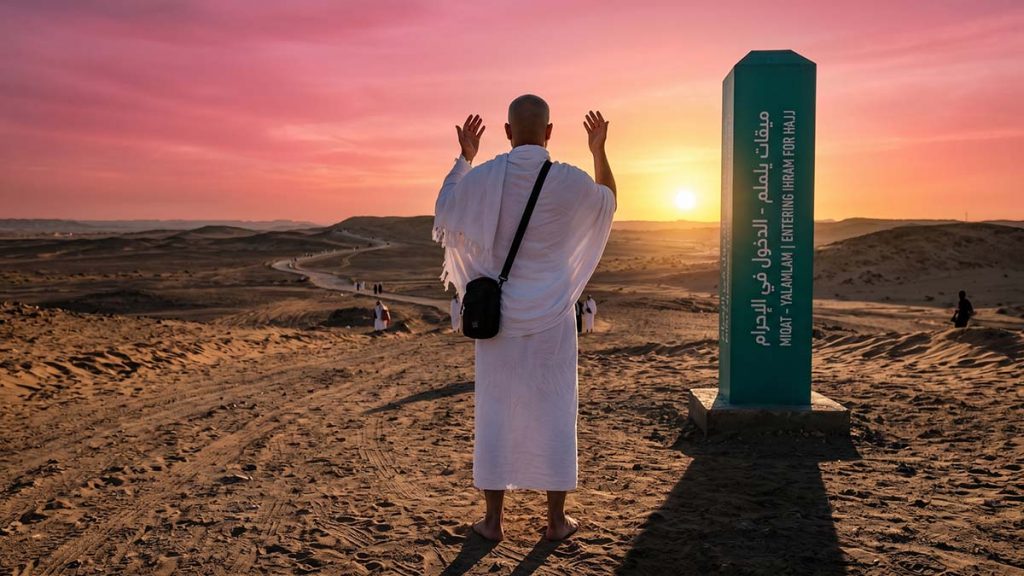 Muslim pilgrim in ihram reciting talbiyah at the miqat before Hajj