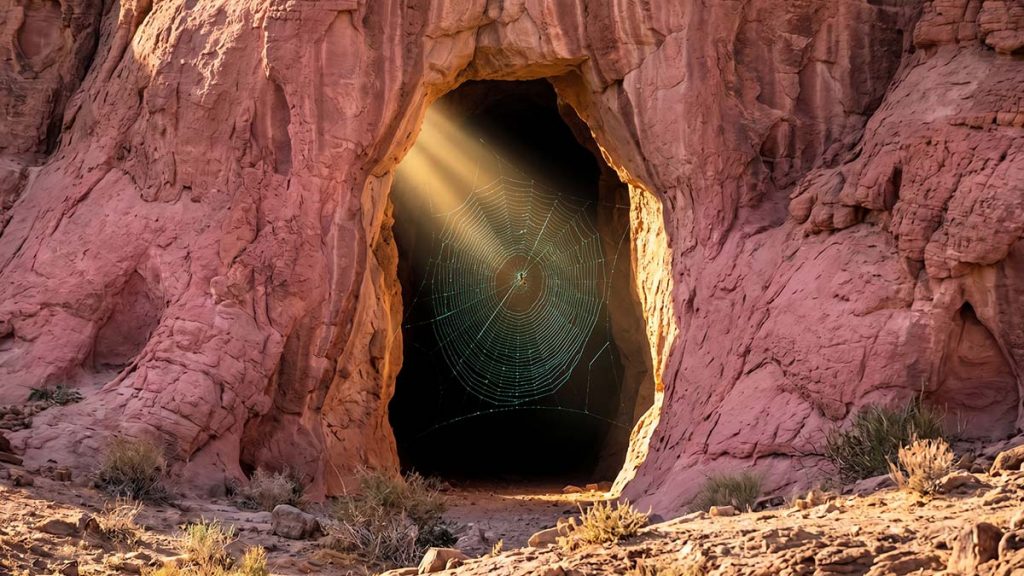 Cave of Thawr with spider web symbolising divine protection during the Hijrah
