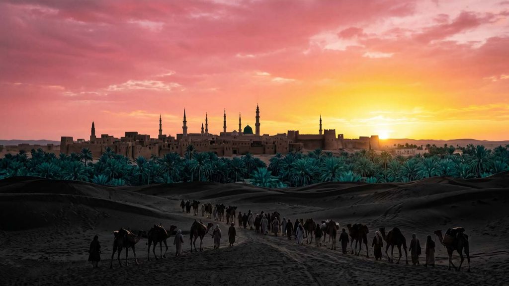 Sunrise over Madinah symbolising the completion of the Hijrah migration