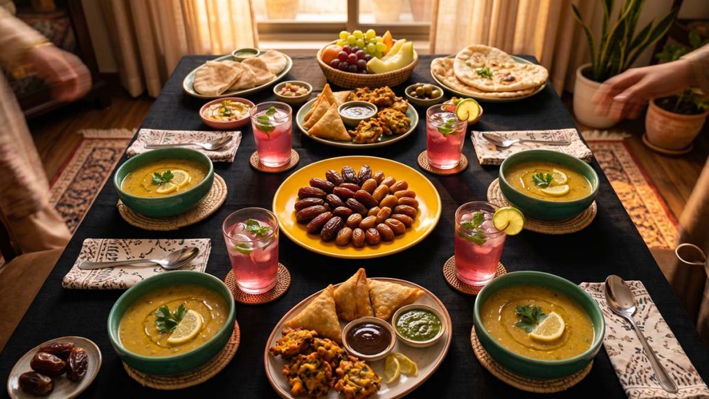 Overhead view of a Muslim family Iftar table with dates, soup and traditional food