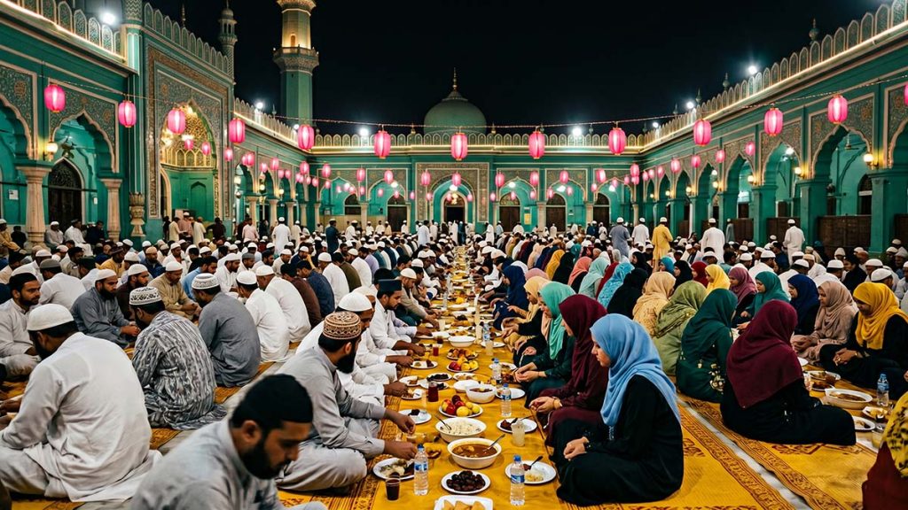 Muslim community Iftar gathering in a mosque courtyard during Ramadan