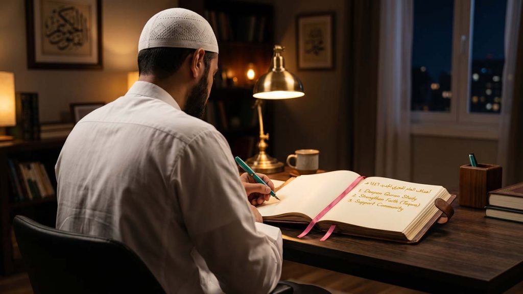 Muslim man writing new intentions for the Islamic New Year