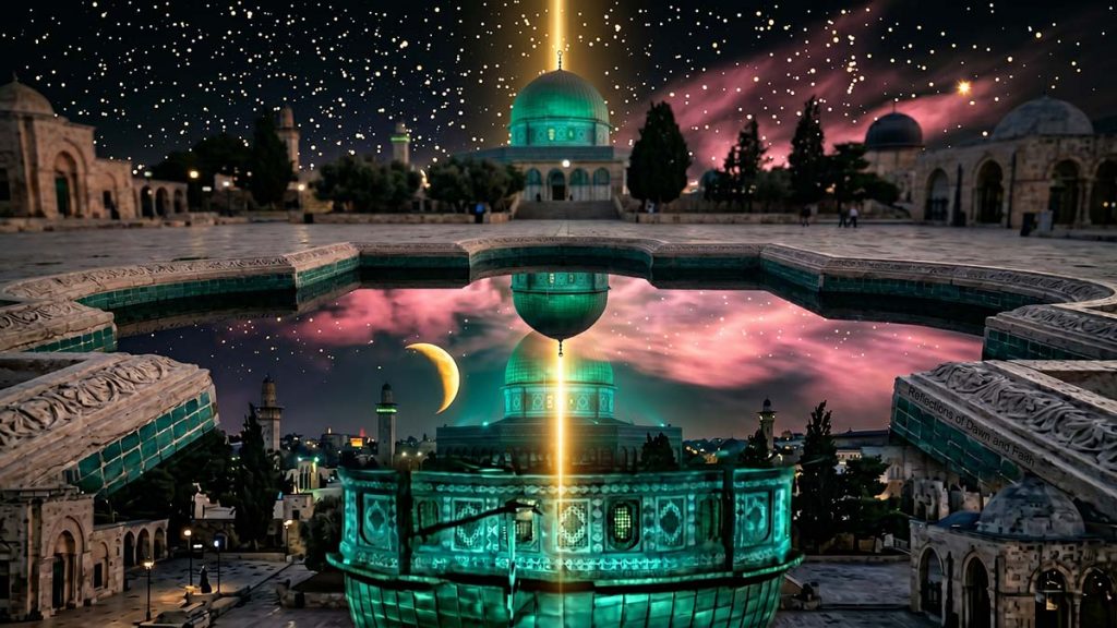 Crescent moon reflected in a mosque pool on the night of Isra and Mi'raj
