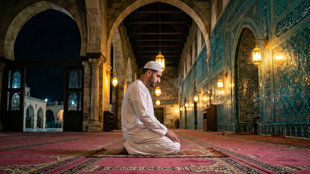 Muslim man praying at Al-Aqsa Mosque commemorating the Isra night journey