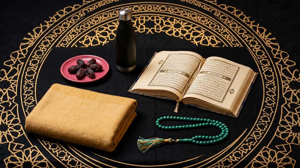 Essential items prepared for a Muslim's Itikaf spiritual retreat in Ramadan
