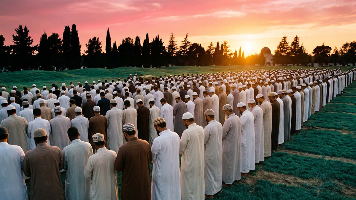 Muslim men in thobes standing in Janaza funeral prayer rows at sunset