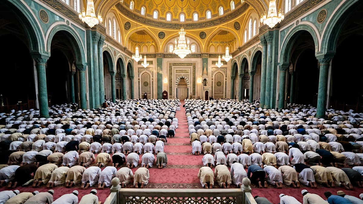 Muslim men performing Jummah Friday prayer in a grand mosque with golden chandeliers