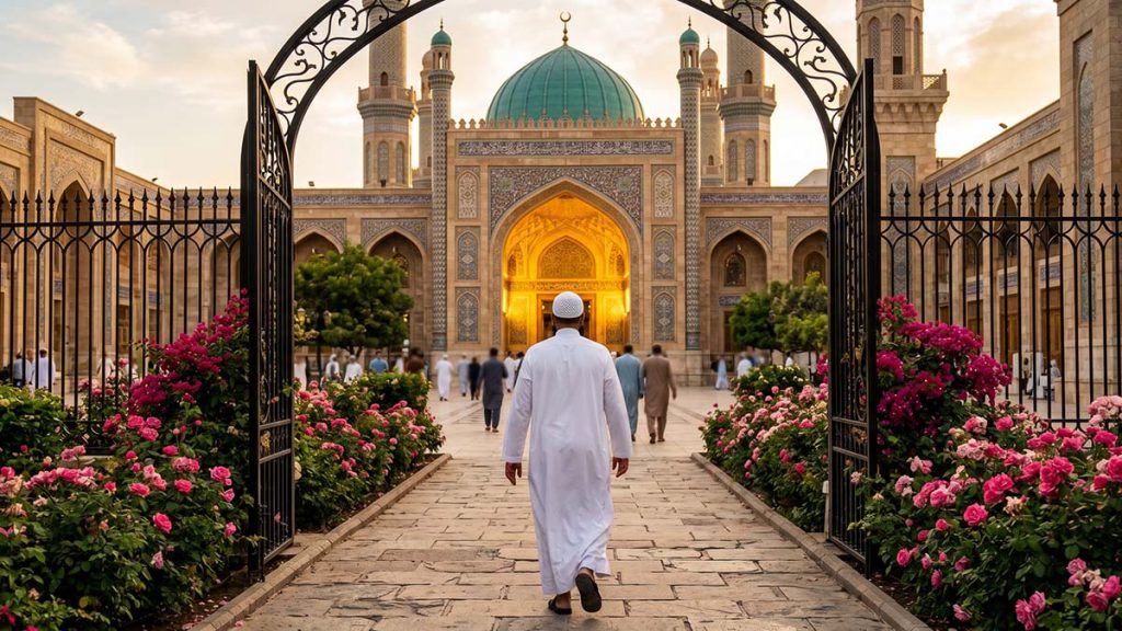 Muslim man in thobe and kufi walking towards a mosque for Jummah Friday prayer
