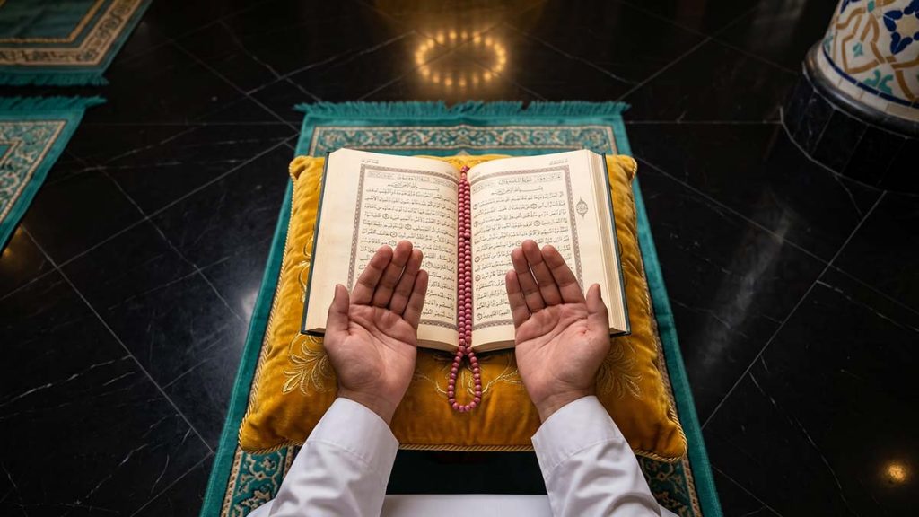 Muslim man's hands in dua over a Quran preparing for Jummah prayer