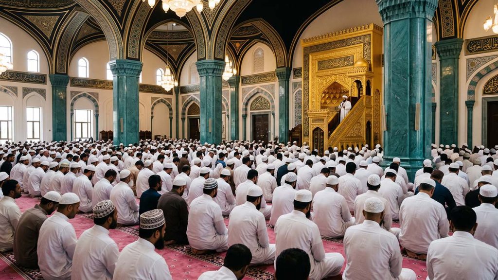 Muslim congregation listening to the Jummah khutbah sermon in a mosque