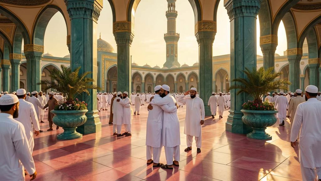 Muslim men greeting each other after Jummah Friday prayer in a mosque courtyard