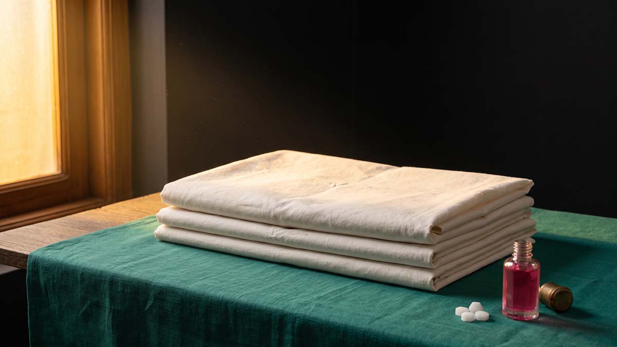 Three layers of white Kafan shroud cloth prepared for Islamic burial