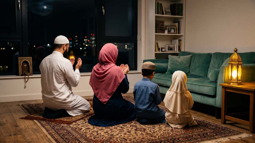 Muslim family gathered for night worship during the Last Ten Nights of Ramadan