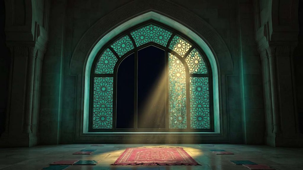 Moonlight through a mosque window on the blessed night of Laylatul Qadr