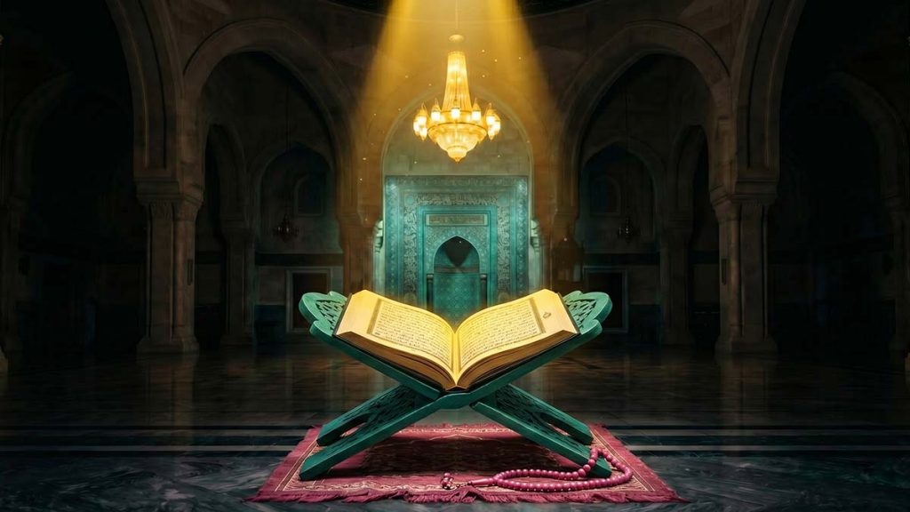 Open Quran at Surah Al-Qadr illuminated on the night of Laylatul Qadr