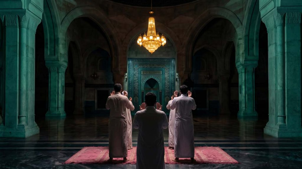 Muslim men in intense dua seeking Laylatul Qadr during the Last Ten Nights