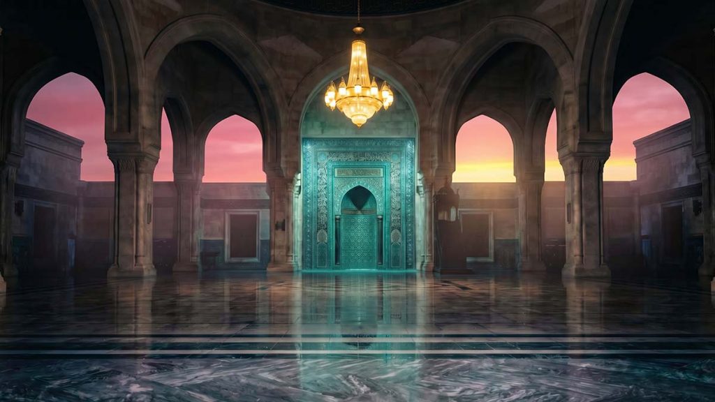 Peaceful mosque courtyard at dawn after a night of Laylatul Qadr worship