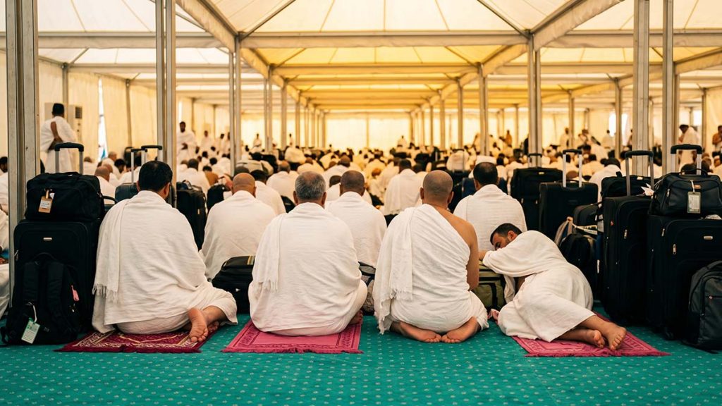 Muslim pilgrims in ihram resting inside a Mina tent during Hajj