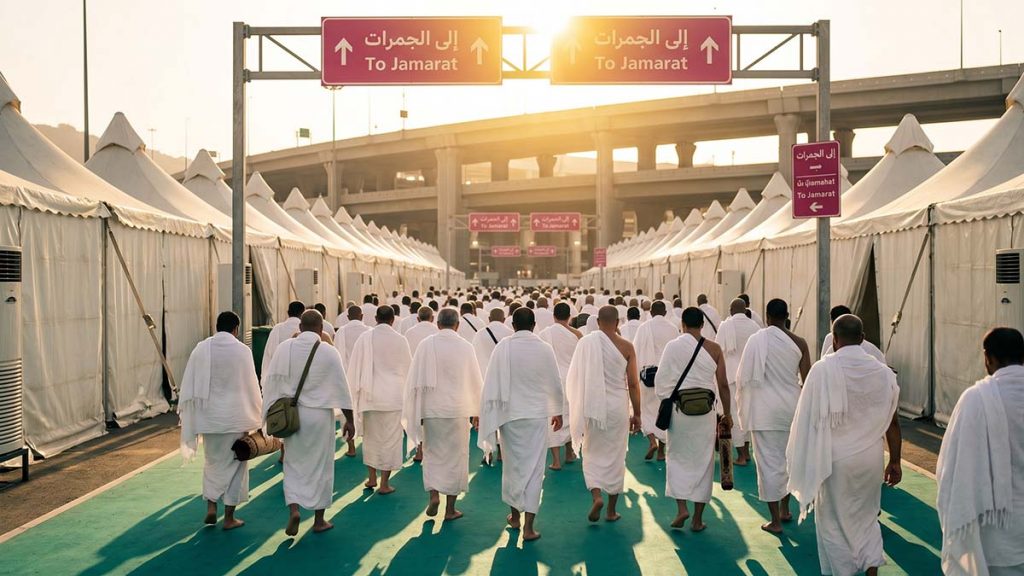 Muslim pilgrims walking from Mina towards the Jamarat during Hajj
