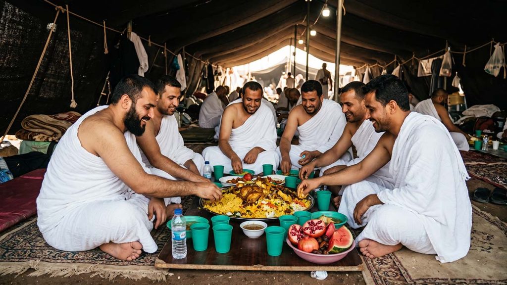Muslim pilgrims sharing a communal meal in a Mina tent during Hajj