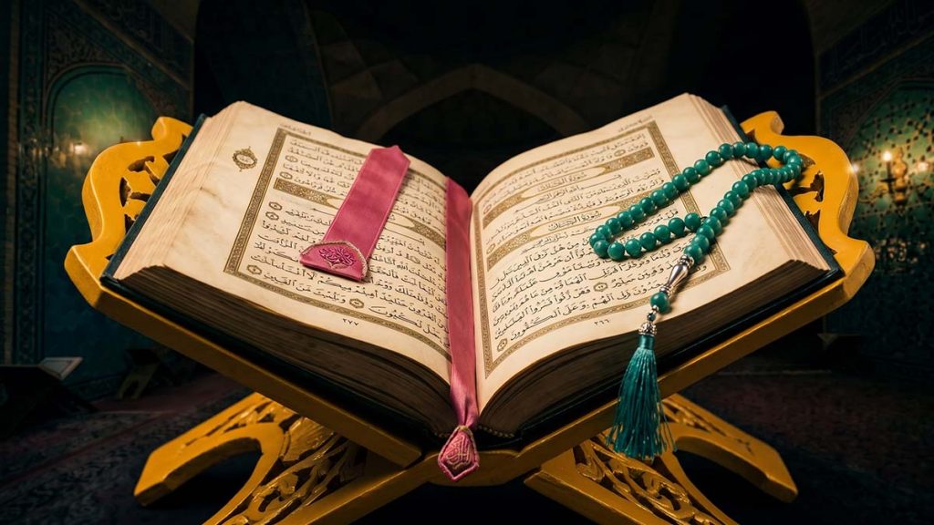 Open Quran with tasbih for spiritual reflection during Muharram