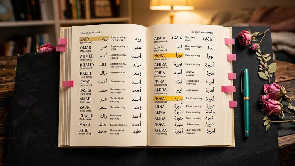 Open book of Islamic names with highlighted choices for Naming a Baby