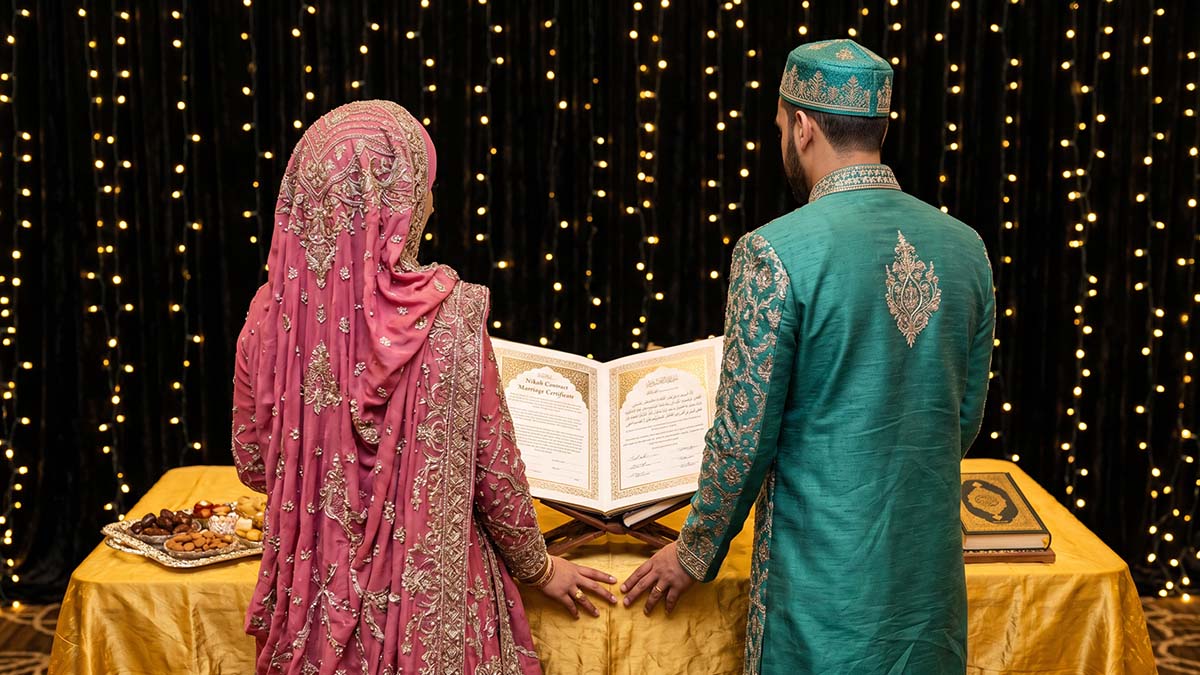Muslim bride in hijab and groom in sherwani at a Nikah Islamic wedding ceremony