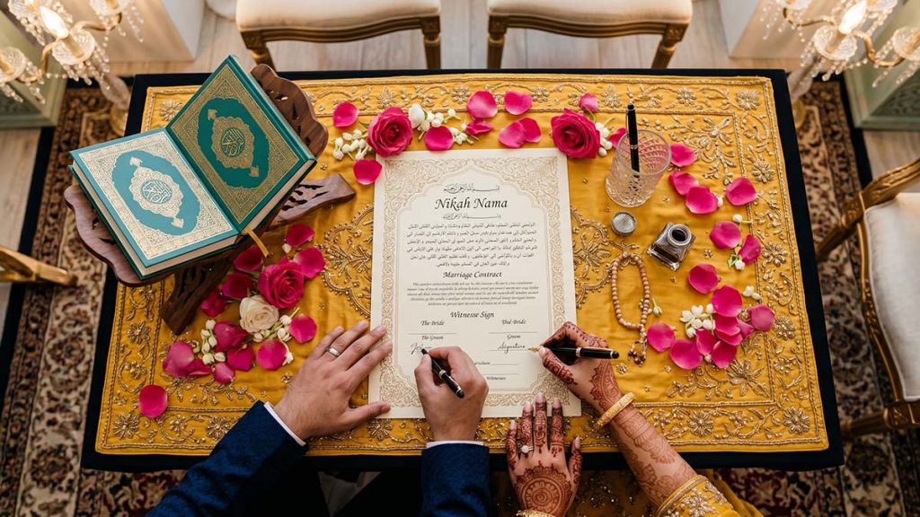 Nikah marriage contract being signed on a table with Quran and rose petals